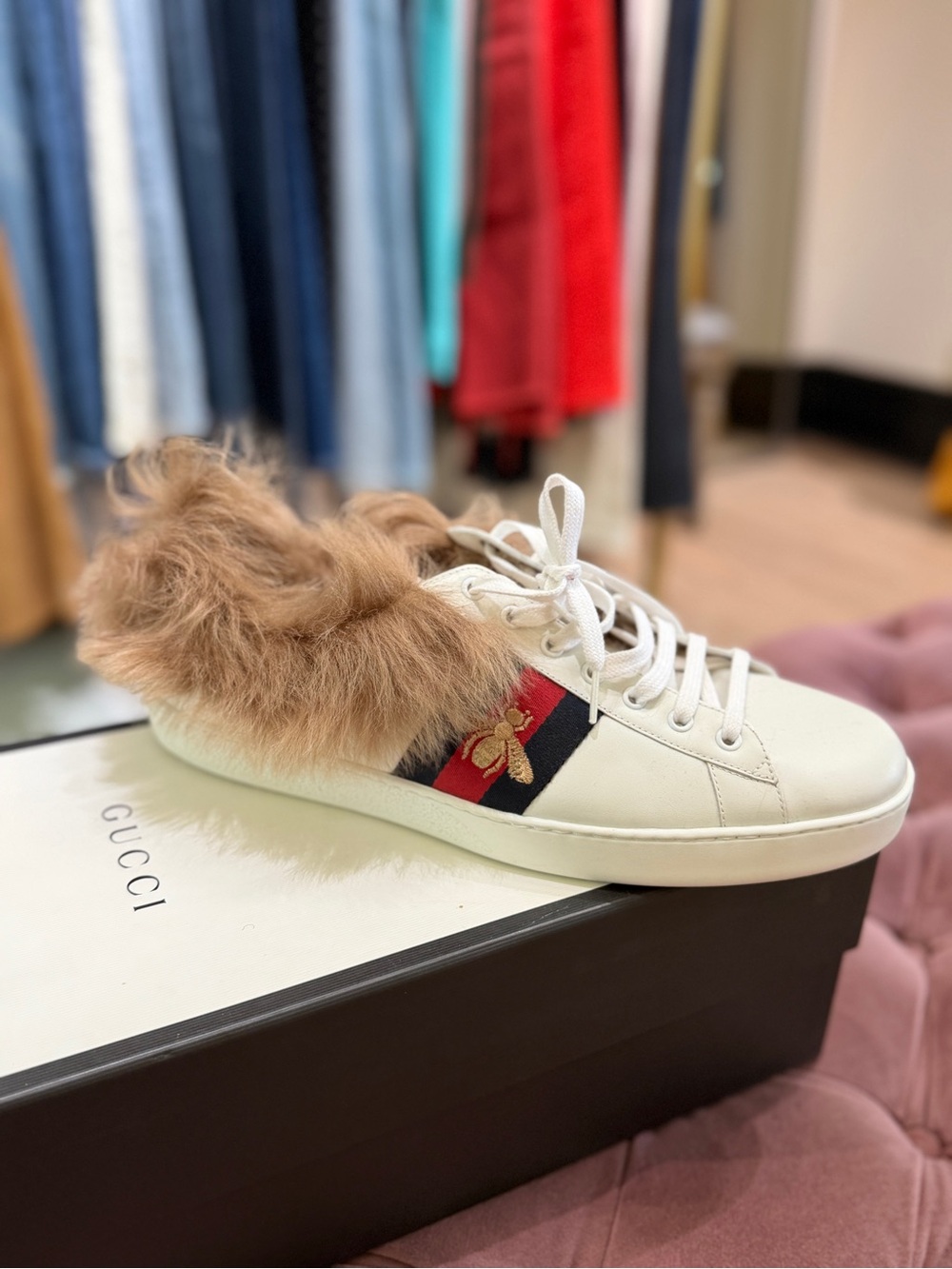 Gucci White Leather Fur-Back Sneaker with Red & Blue Web and Gold Bee